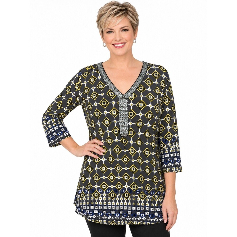 JM Collection Womens Top 2X Tunic 3/4 Sl Gray Yellow RHINESTONE Beads V-Neck